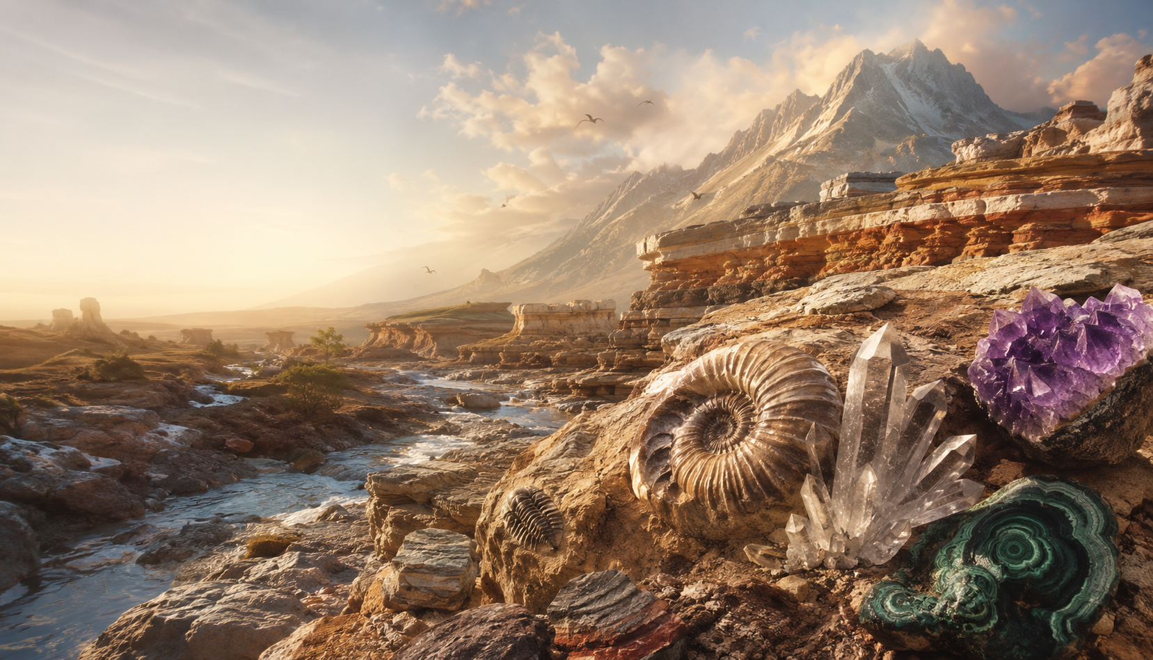 Illustrated geological landscape with an ammonite, trilobite, quartz, amethyst and malachite