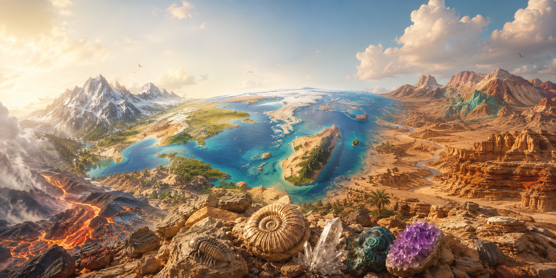 Illustrated panorama of volcanic, desert, mountain, ocean and icy geological environments